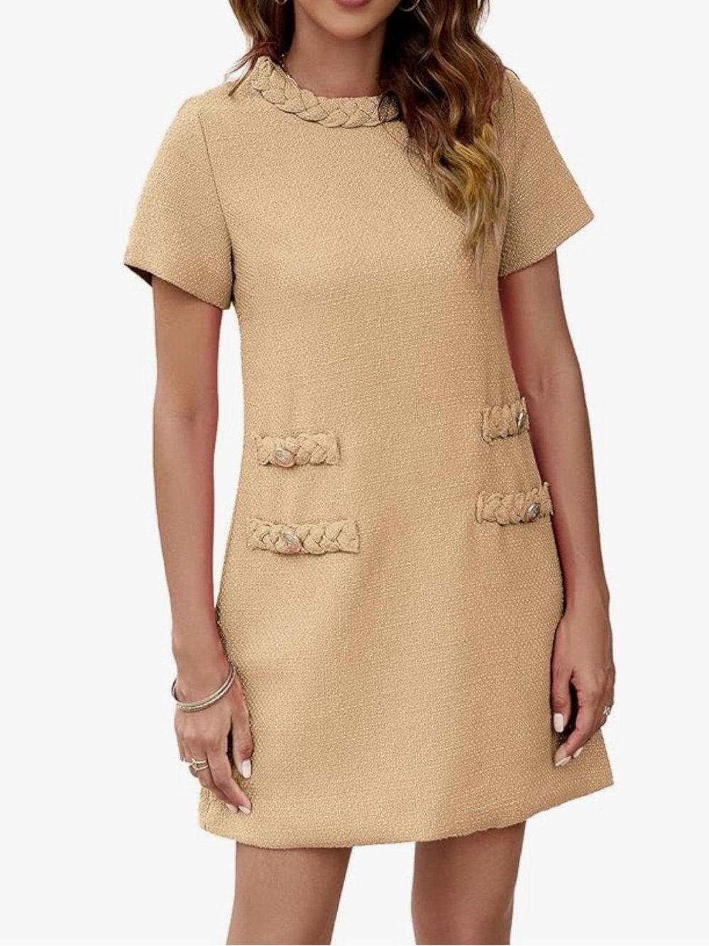 Women's Short-Sleeve Textured Shift Dress in Tan